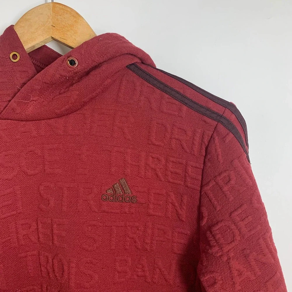 Adidas Men Burgundy All Over Text Logo Embossed‎ Hoodie Pullover Size L